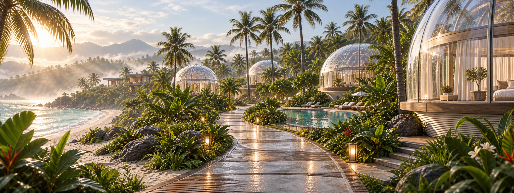 A path leading from a tropical beach through Holisphere glass domes