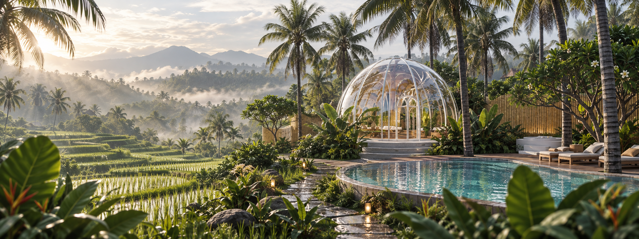 A glass Holisphere dome among Balinese rice terraces at dawn
